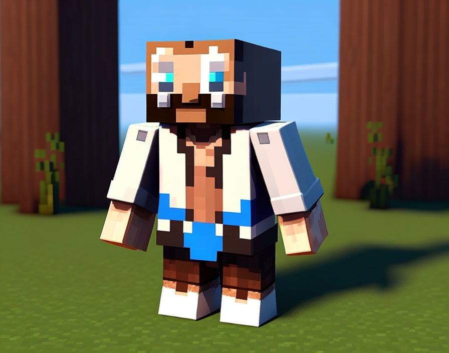 Blocky Minecraft-style character in white and blue outfit on lush green backdrop