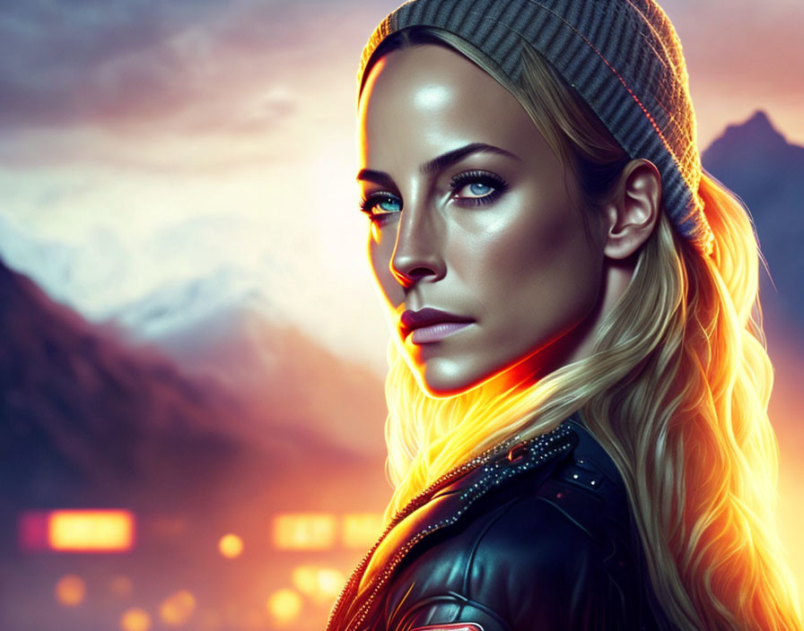 Blonde Woman in Beanie and Leather Jacket Against Sunset Sky