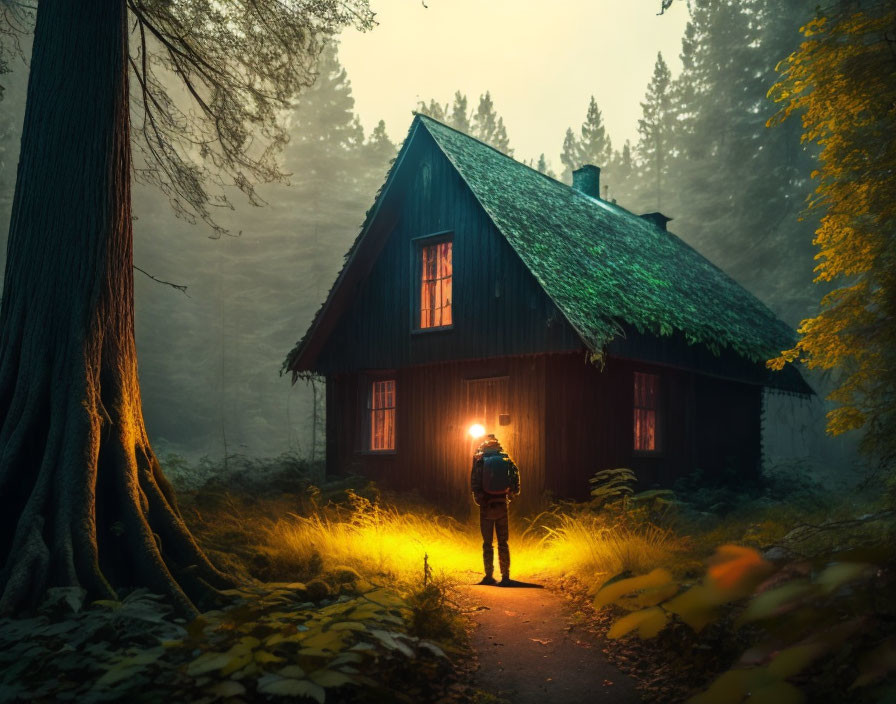 Person standing in front of glowing cabin in misty forest at dusk