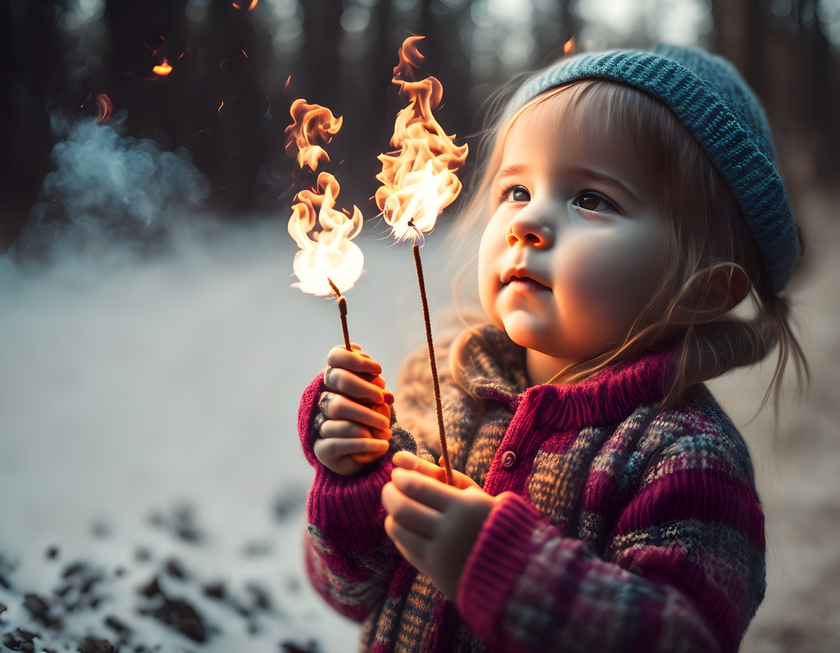 Child in knit hat and sweater mesmerized by fire in forest at dusk