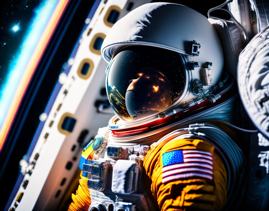 Detailed spacesuit with American flag patch in space backdrop