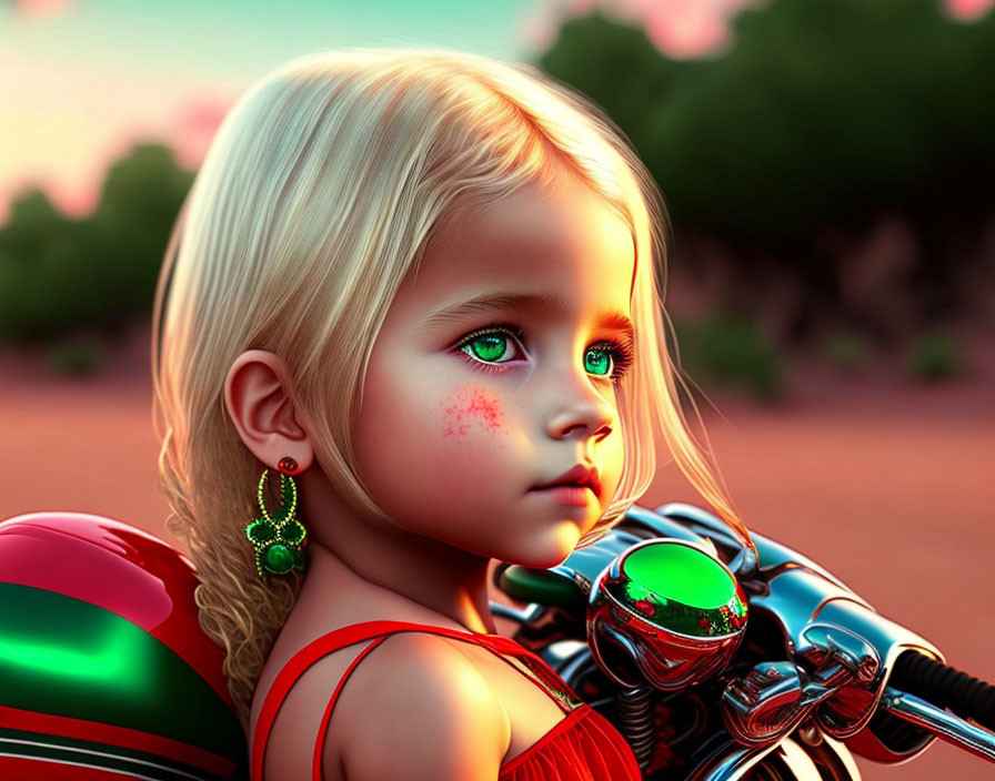 Digital Artwork: Young Girl with Blonde Hair and Blue Eyes, Futuristic Theme