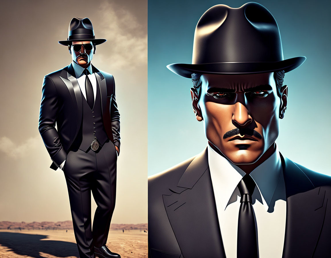 Stylized detective in black suit and hat with badge in desert backdrop portrait.