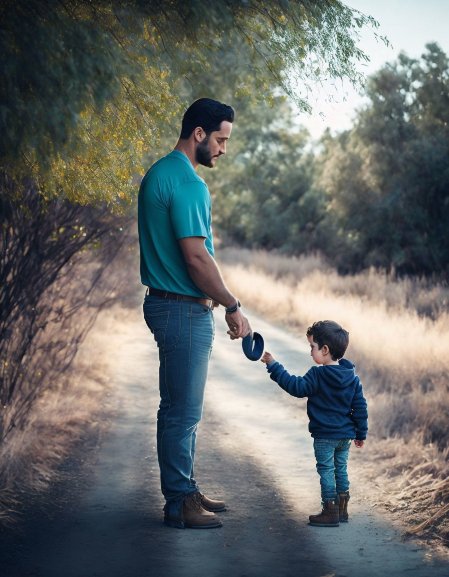 Man and child in blue outfits on forest path with yo-yo leash