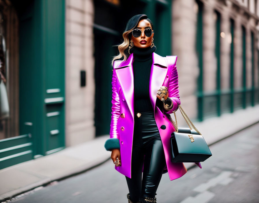 Fashionable individual in vibrant pink coat and sunglasses, walking confidently on city street with chic handbag.