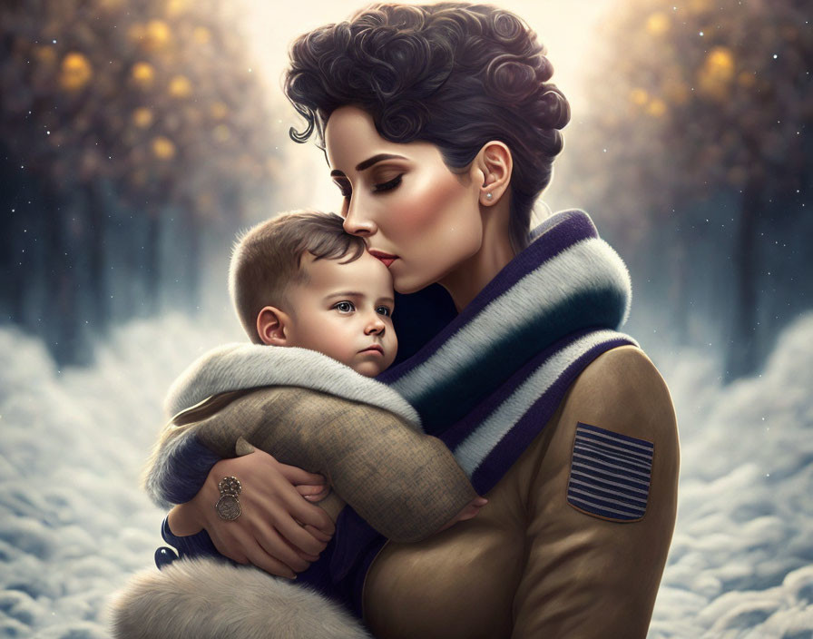 Digital illustration of woman in warm coat embracing child in snowy backdrop