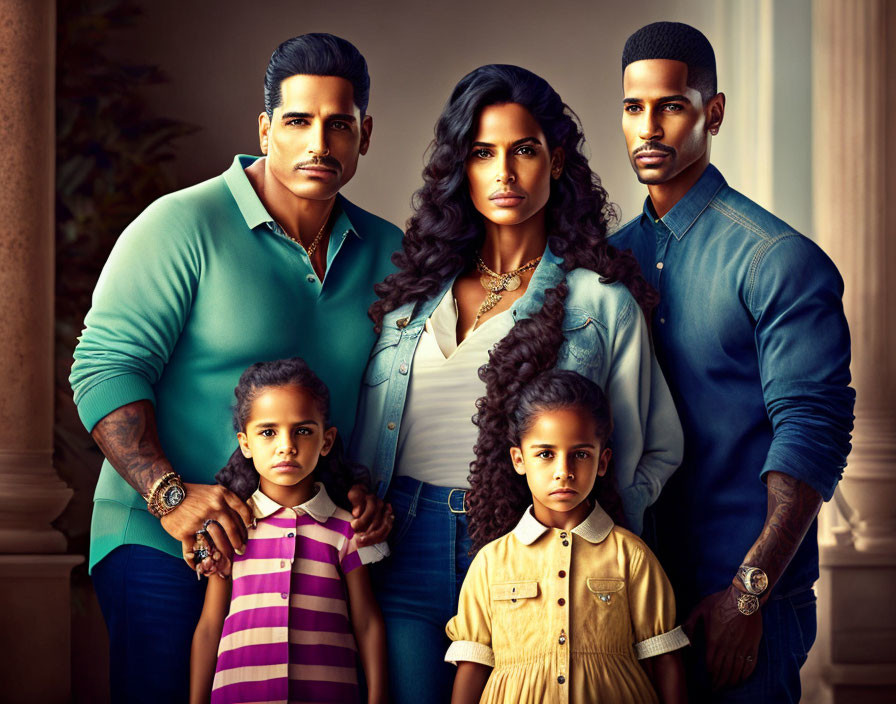 Classic Family Portrait with Two Men, Woman, and Girls in Smart Attire