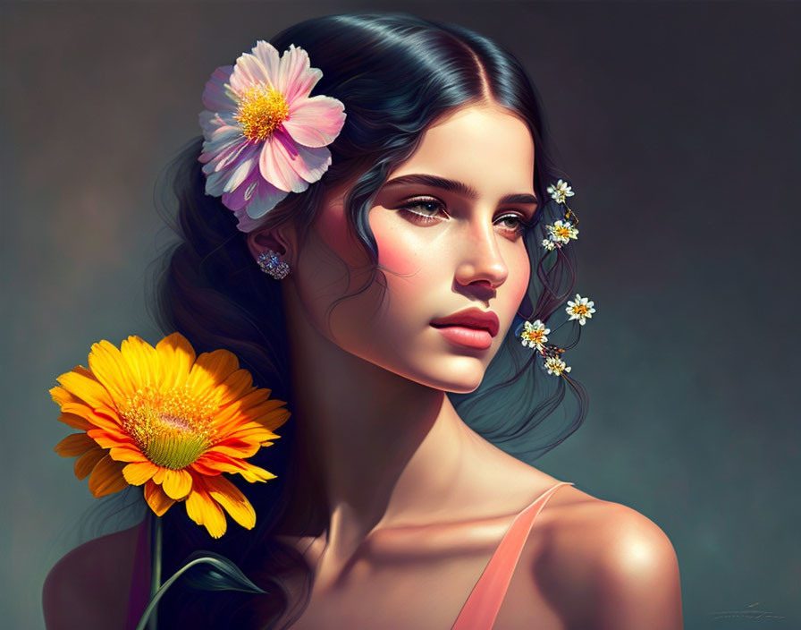 Digital portrait of woman with flowers in hair and large yellow flower - serene expression