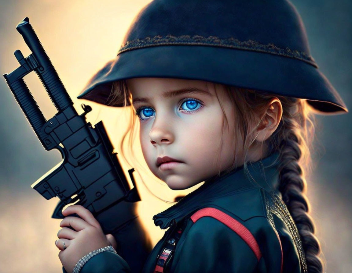 Young girl with blue eyes in military cap holding gun with braided hair and intense gaze against dusky