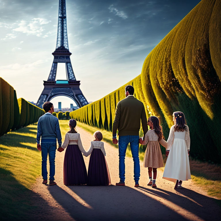 Family of Four Walking to Eiffel Tower Under Clear Sky