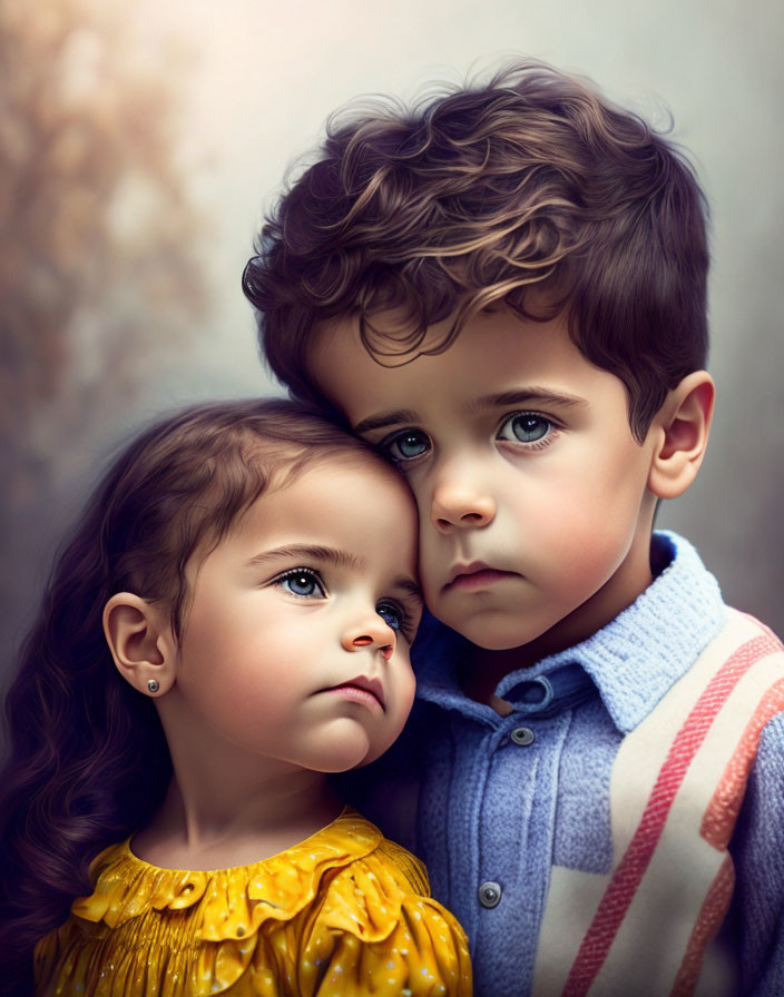 Digital painting of young boy and girl in striped shirt and yellow top, sharing a tender sibling moment