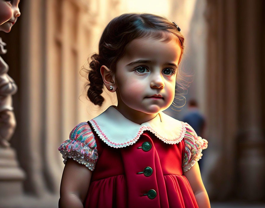 Young girl with braided hair in red dress and white collar in corridor with classical columns.