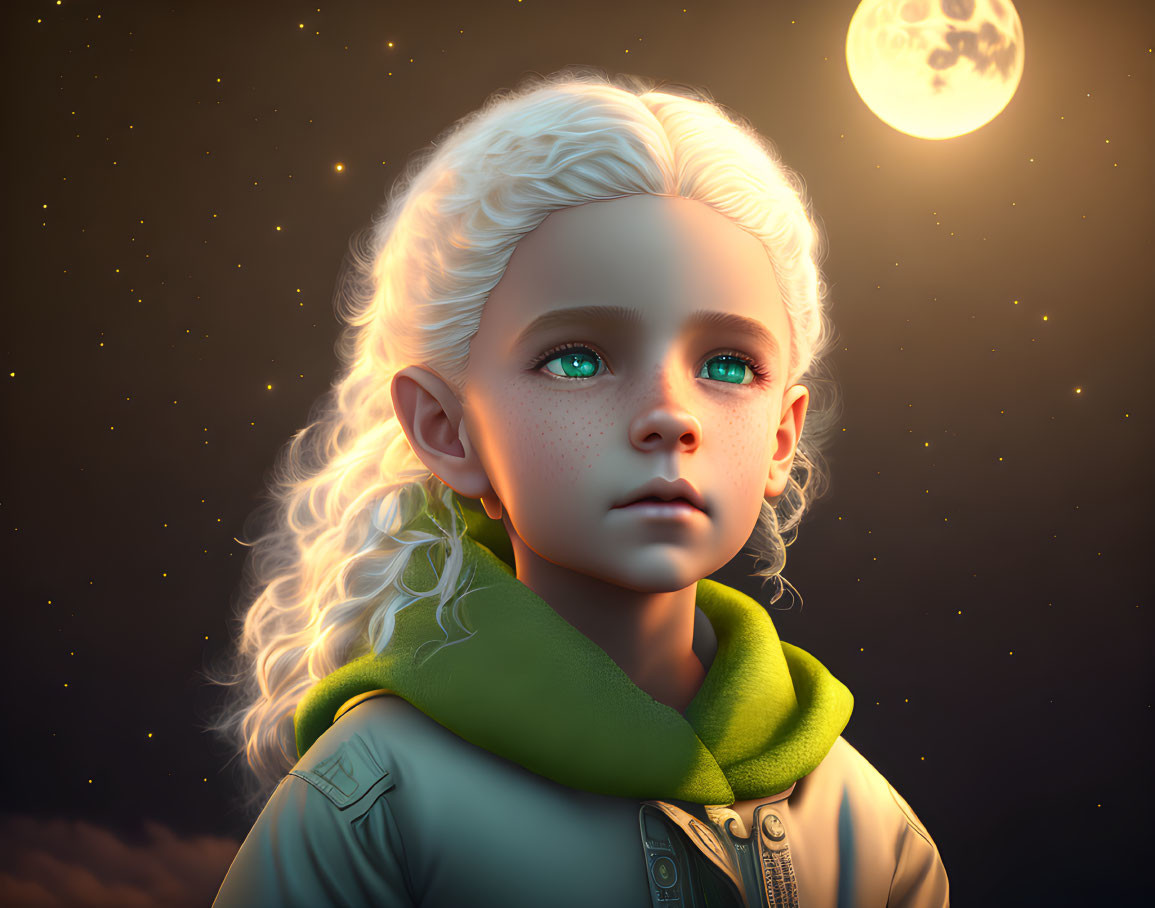 Digital artwork: Young child with pale skin, white curly hair, green eyes, green scarf, twilight