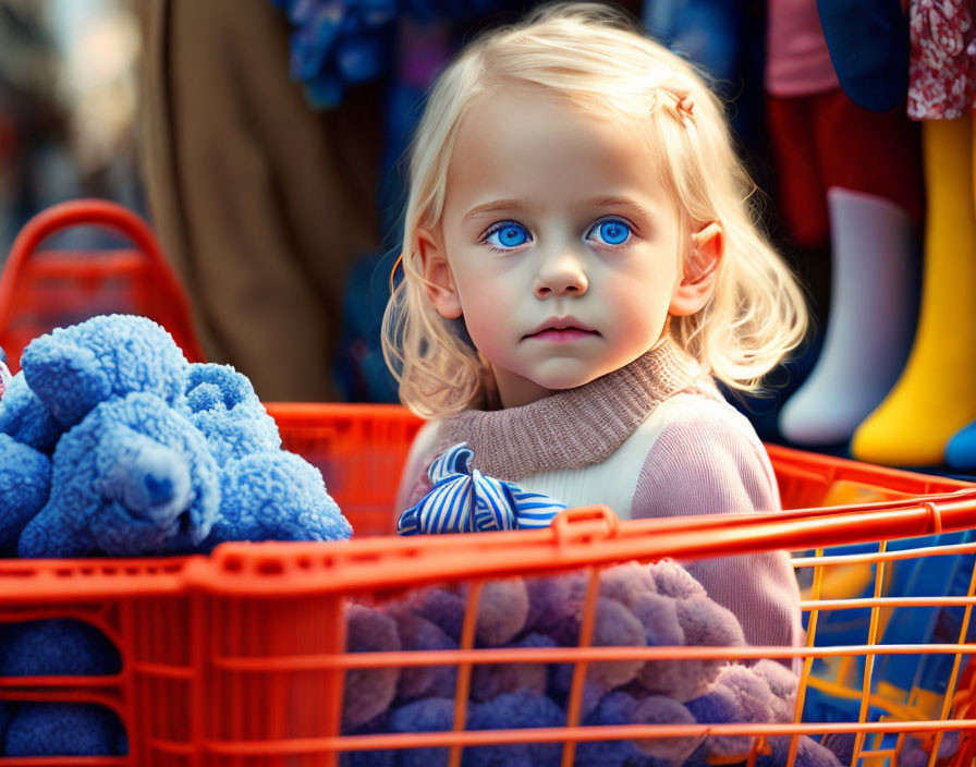 Blond toddler with blue eyes in orange shopping cart with blue plush toy