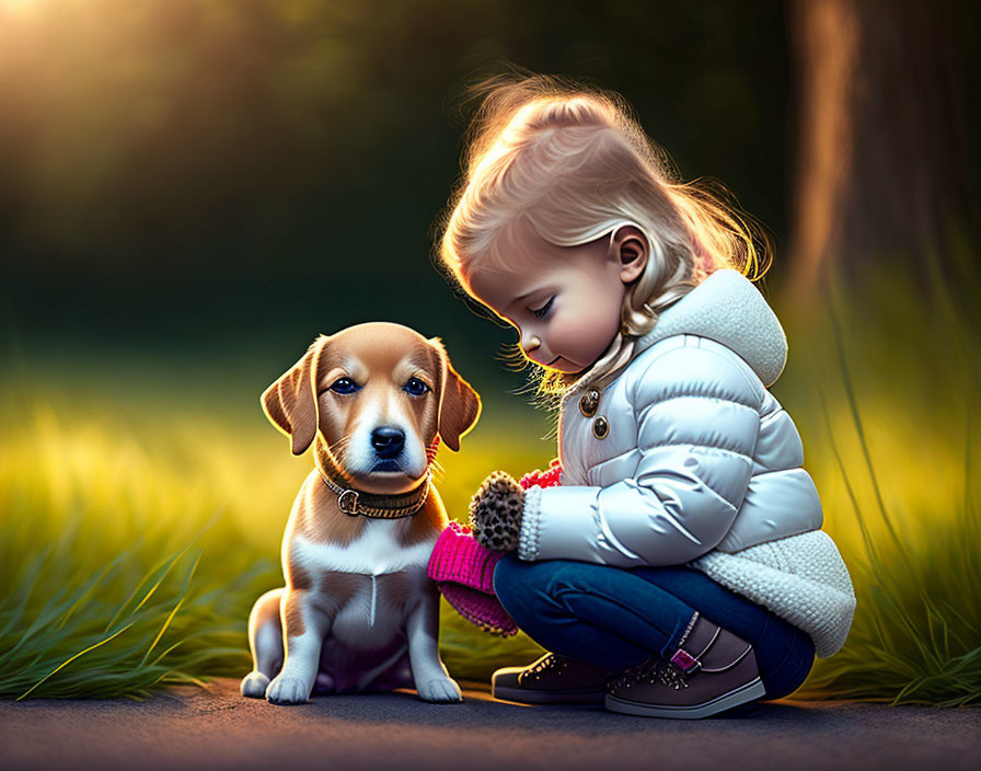 Young girl in white coat interacting with small dog in sunny scene