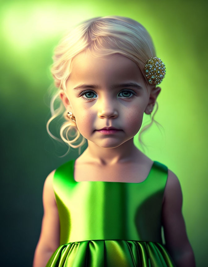 Blonde Curly-Haired Girl in Green Dress with Golden Hair Accessory