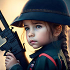 Young girl with blue eyes in military cap holding gun with braided hair and intense gaze against dusky