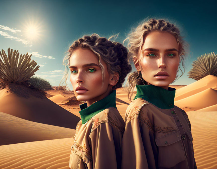 Two Women with Green Eyes and Braided Hair in Beige Outfits in Desert Setting