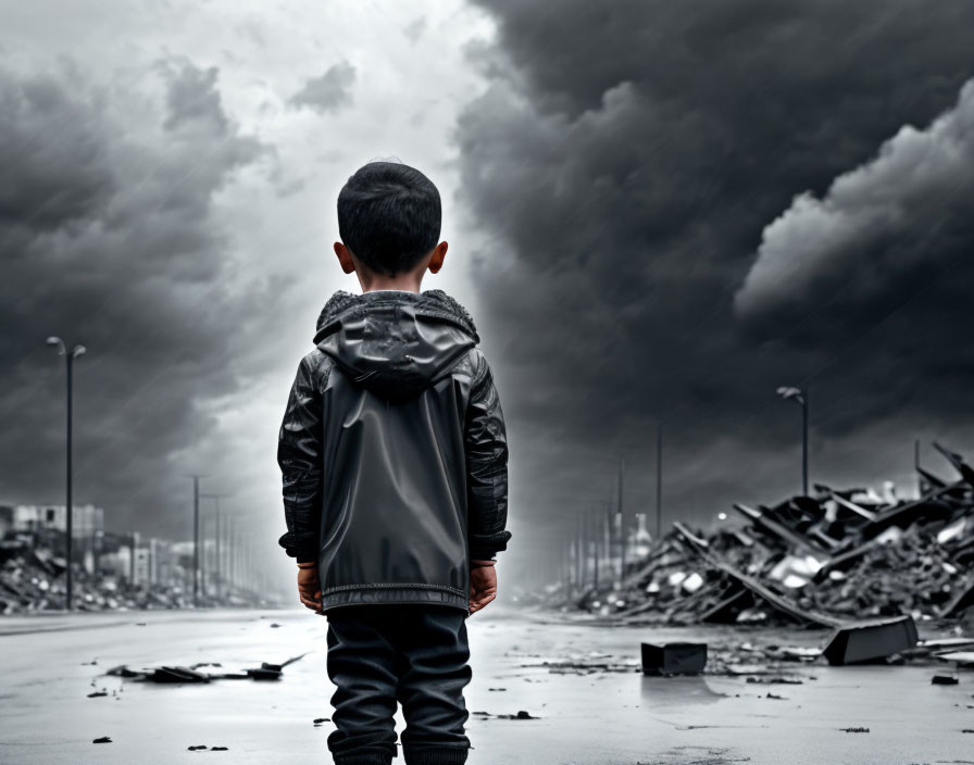 Young boy in stormy, desolate landscape with dark clouds