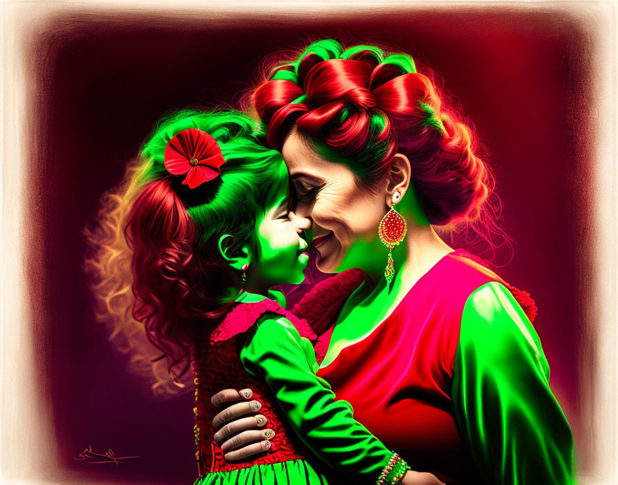 Red-haired woman and girl with green flower hair accessories embrace in heartwarming digital art.