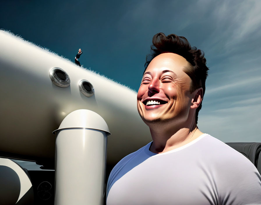 Exaggeratedly joyful man with giant rocket in clear blue sky