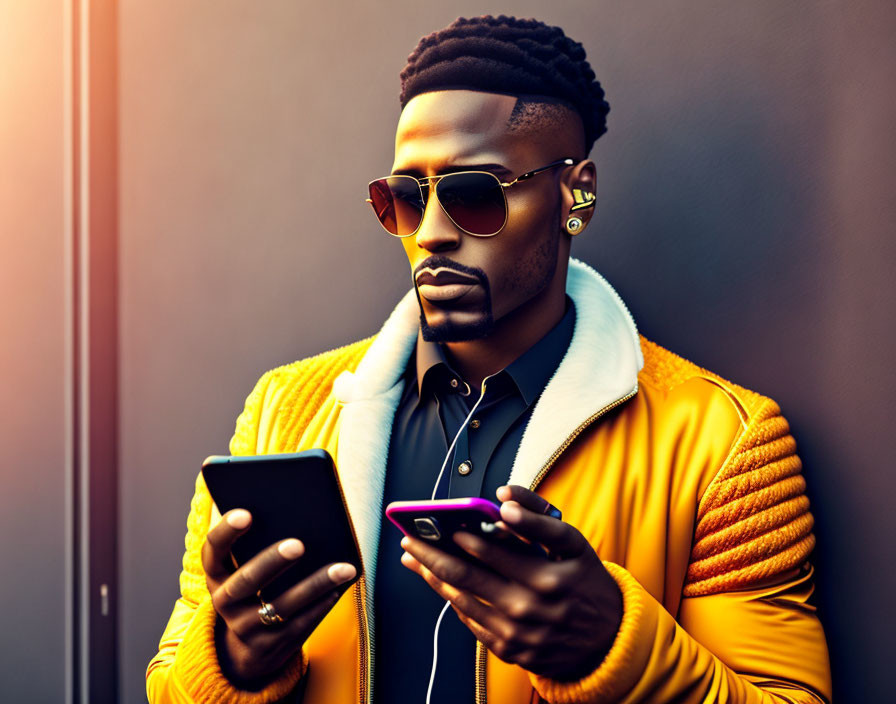 Fashionable man with sunglasses and headphones using two smartphones