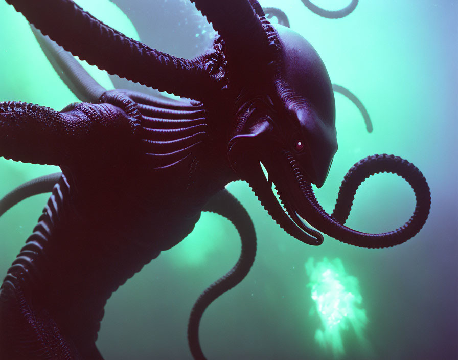 Realistic digital image of giant squid-like creature in murky underwater scene