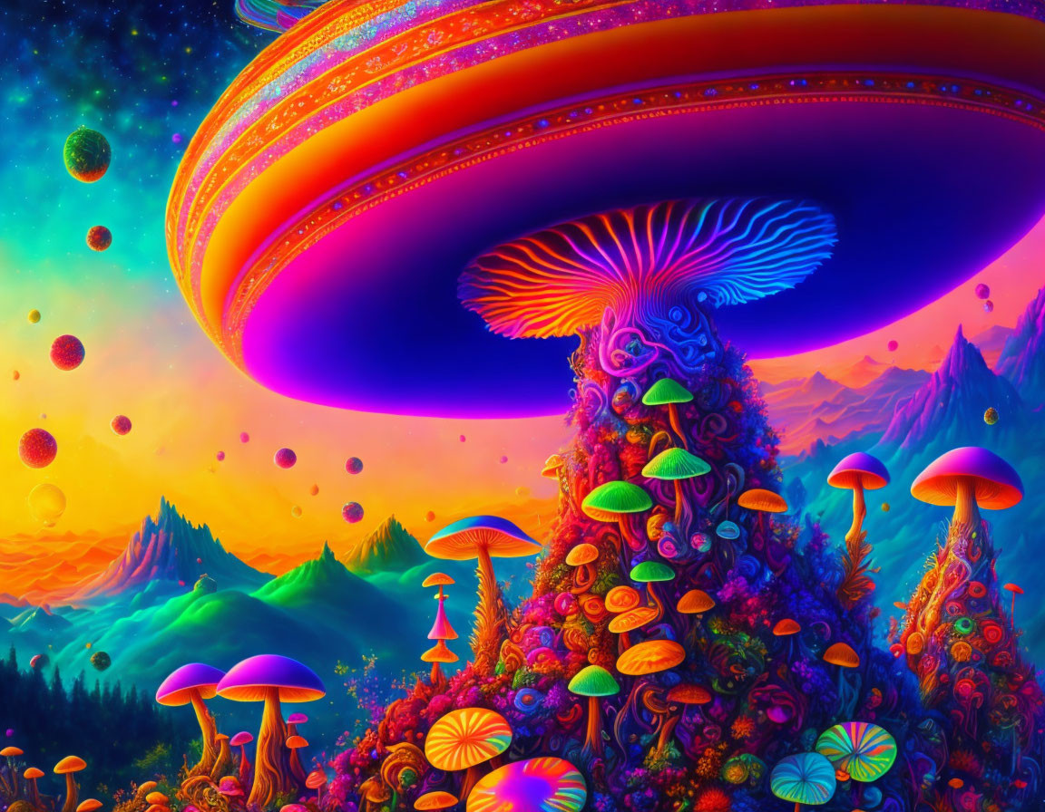 Colorful Mushroom Landscape with Surreal Sky and Planets