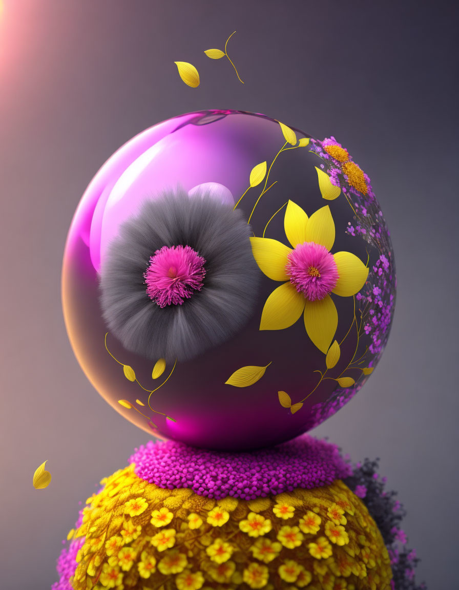 Vibrant gradient glossy sphere with yellow flowers and leaves on textured base