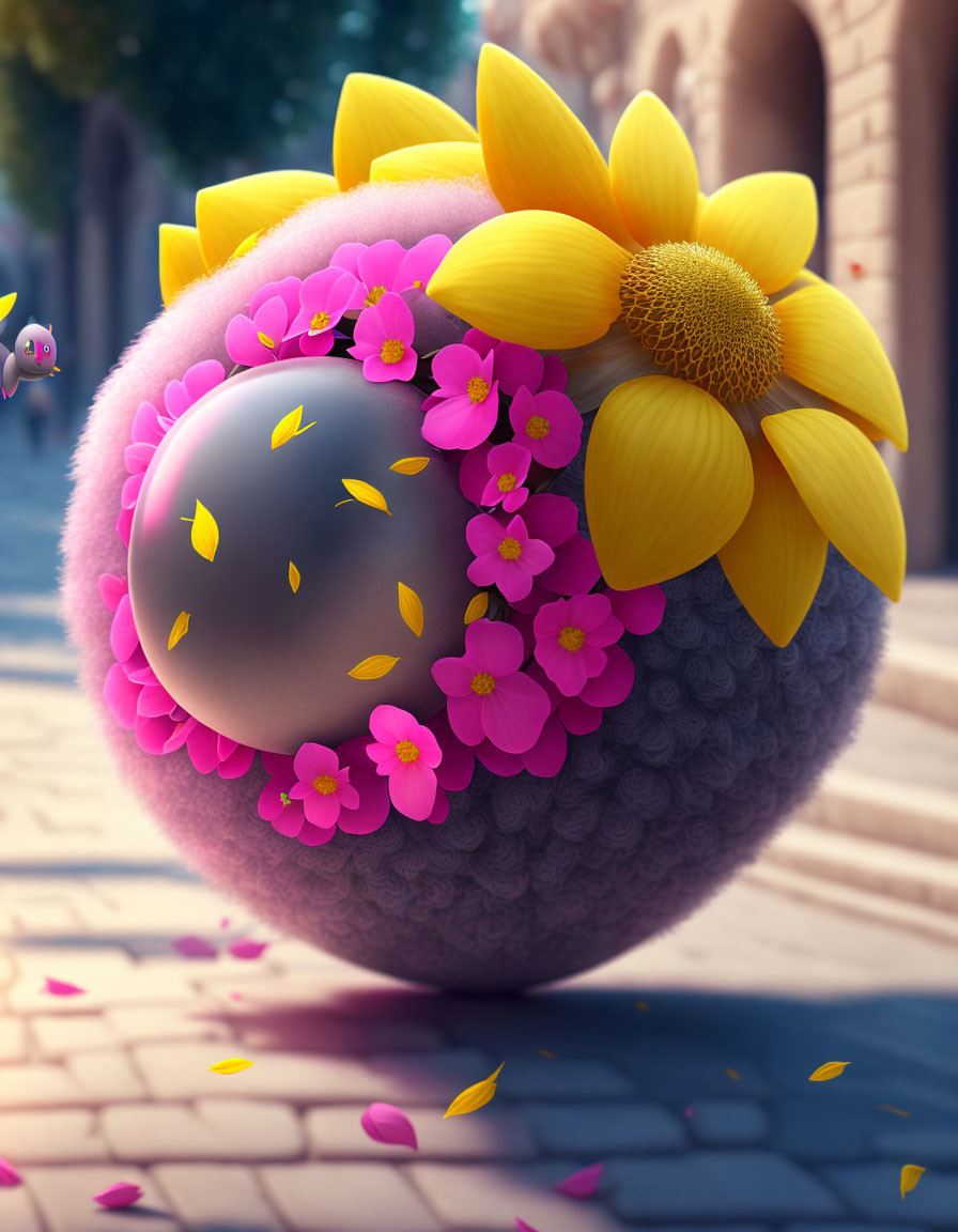 Furry sphere with sunflower and pink flowers on cobblestone path