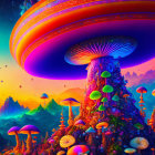 Colorful Mushroom Landscape with Surreal Sky and Planets