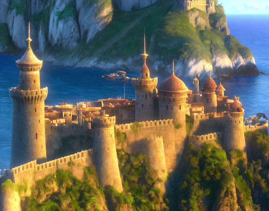 Golden-lit fantasy castle with turrets by the sea