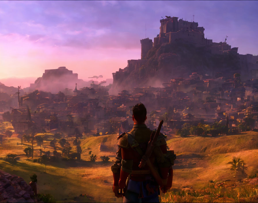 Bow-wielding character gazes at fortress city in sunrise landscape