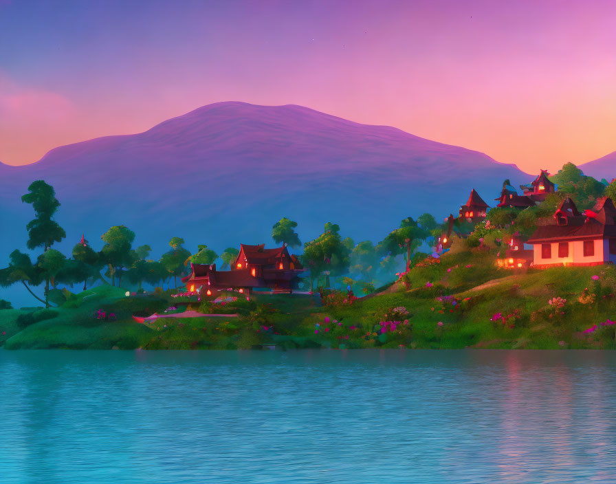 Twilight lakefront view with traditional houses and purple mountain background