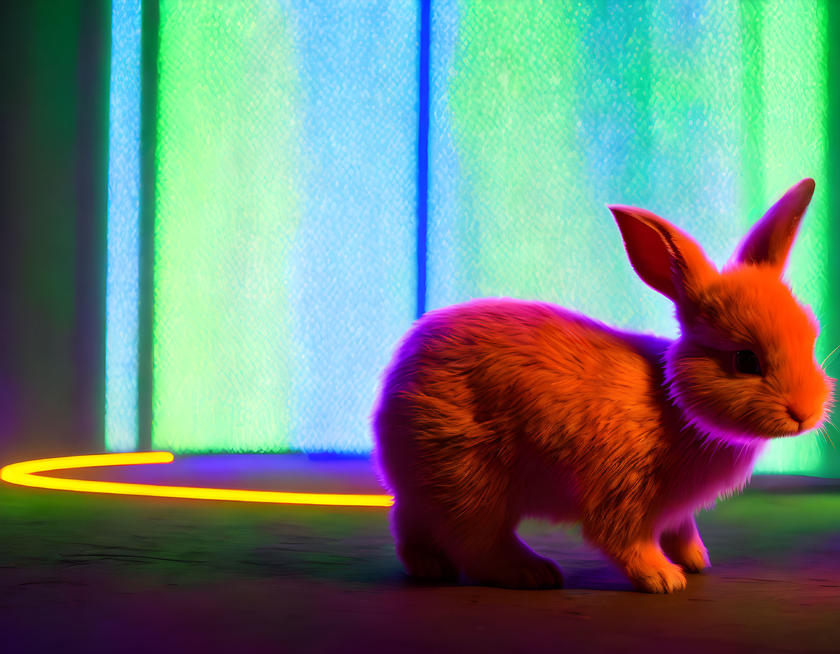 Colorful Neon-Lit Background with Orange Rabbit in Illuminated Outline