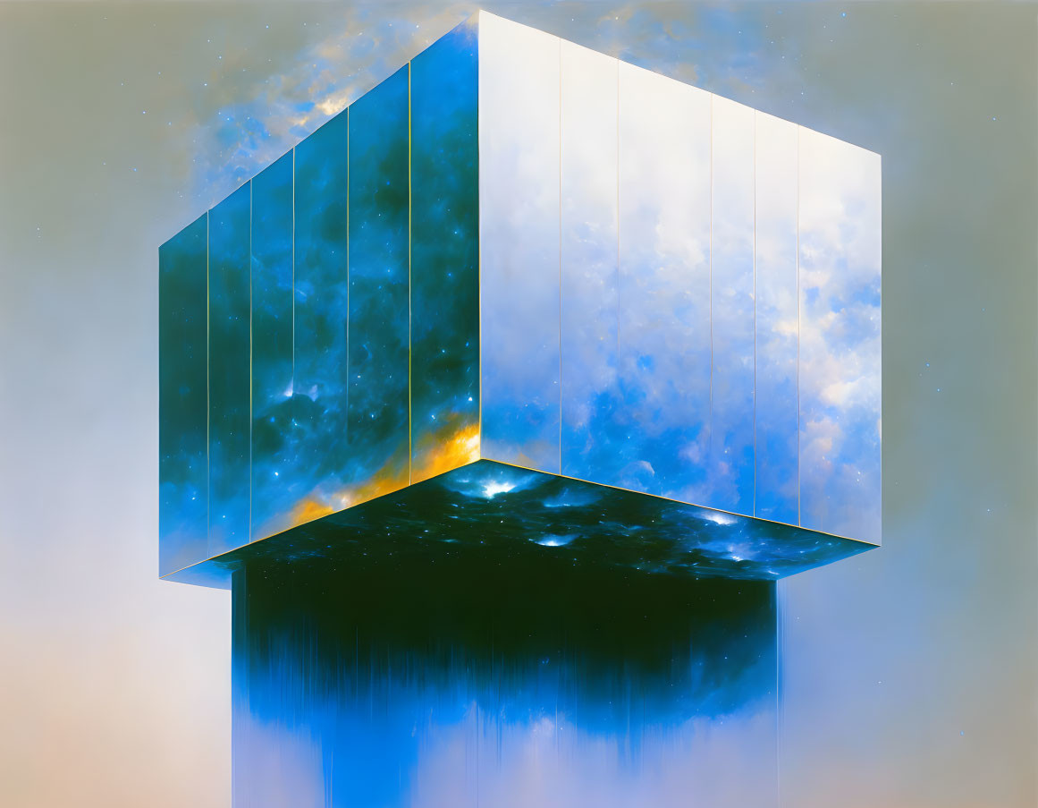 Surreal cube with sky and cloud patterns on surfaces