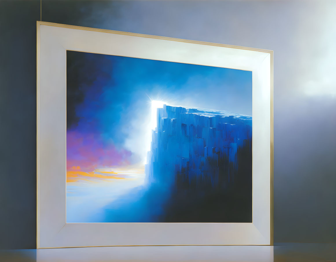 Surreal blue cliff painting with bright light in white frame