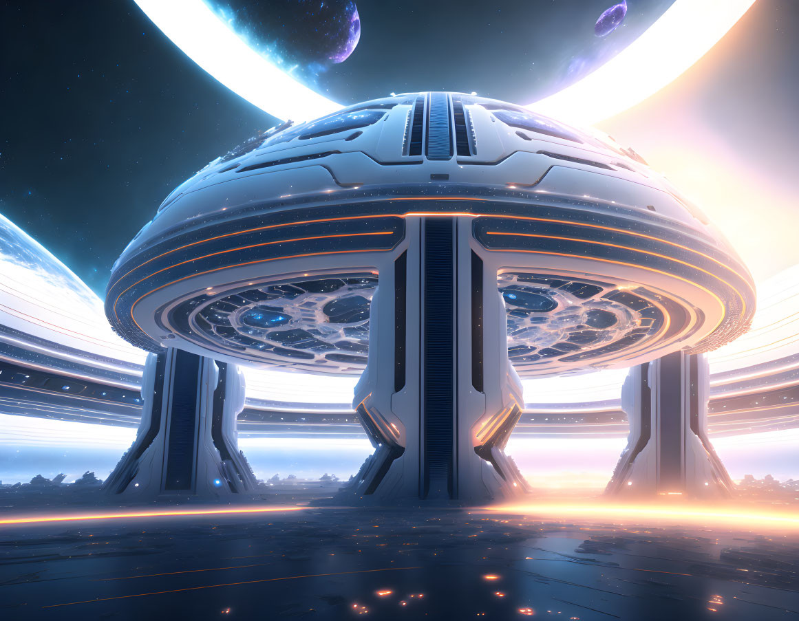 Futuristic city skyline with dome-shaped structure and cosmic backdrop