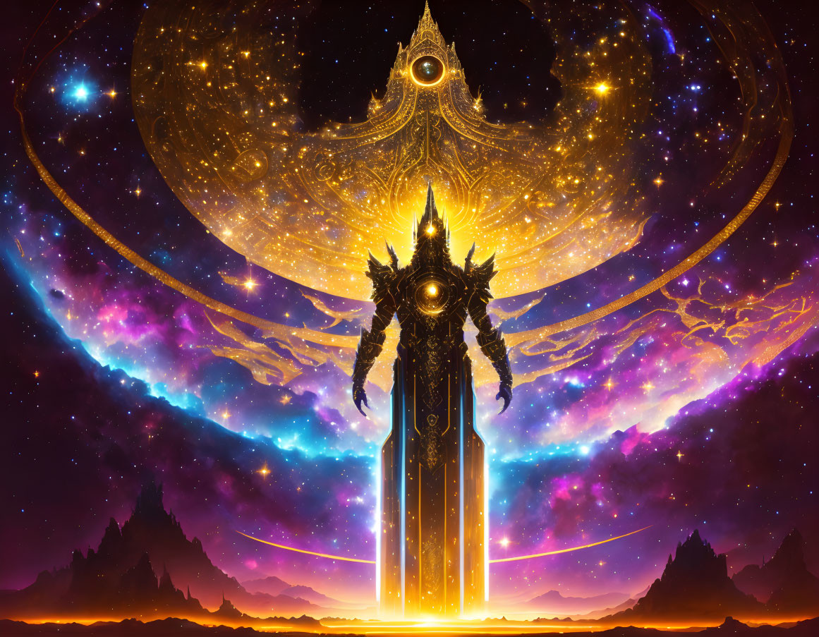 Armored Figure in Cosmic Setting with Stars and Celestial Structure