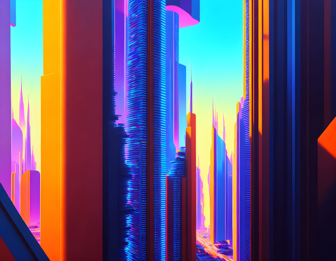 Colorful futuristic cityscape with towering skyscrapers in orange, blue, and purple hues.