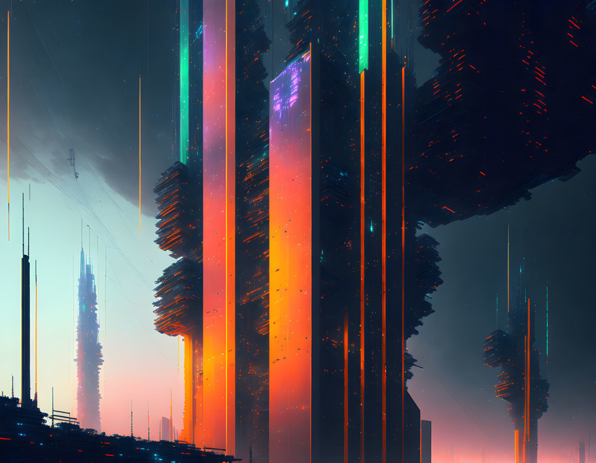 Luminous skyscrapers in futuristic cityscape at dusk