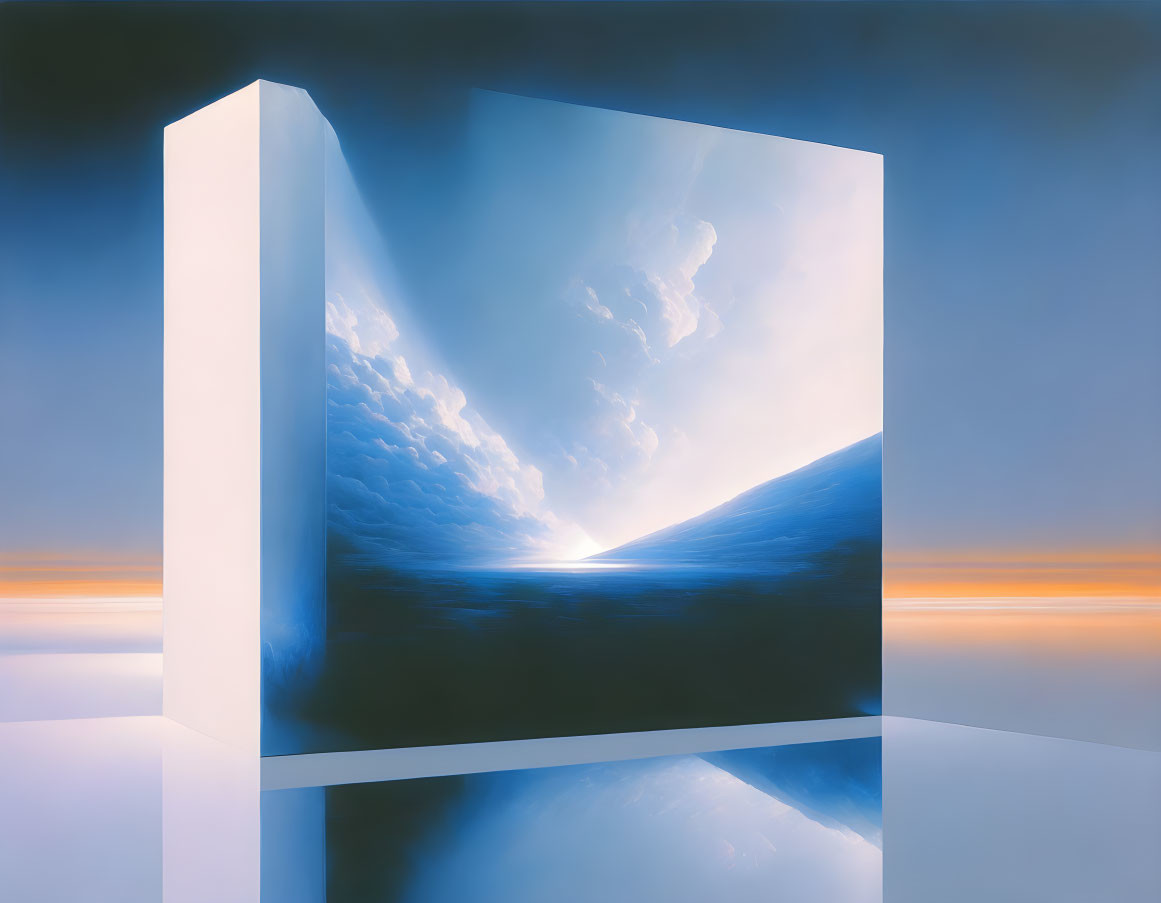 Cubic Structure with Cloudscape and Sunlight Beams in Surreal Image