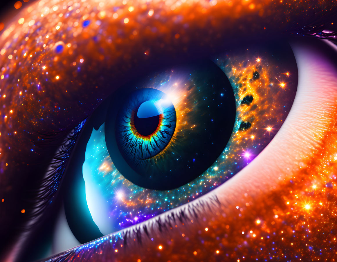 Surreal illustration of human eye with cosmic elements