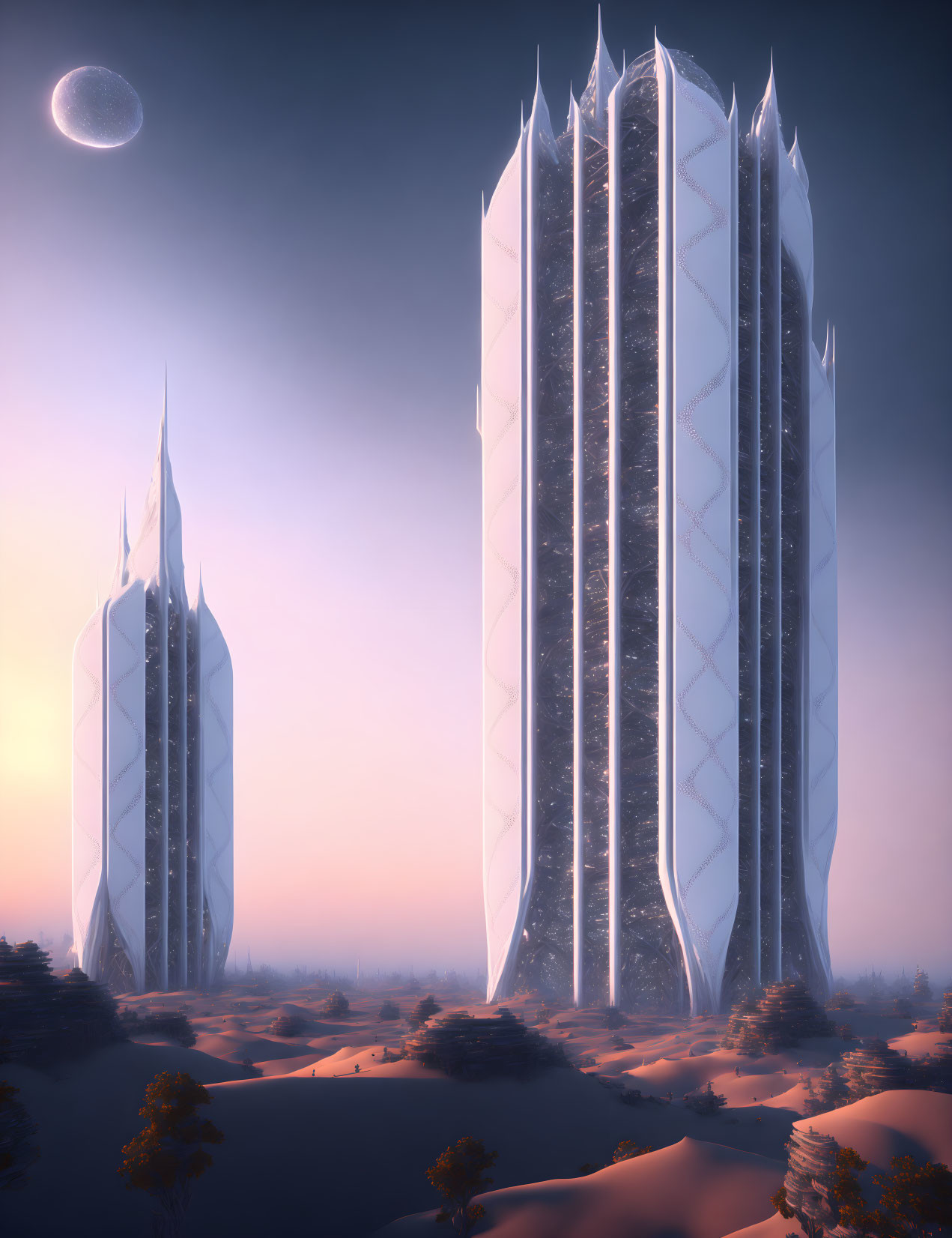 Futuristic crystalline towers under purple sky in desert landscape