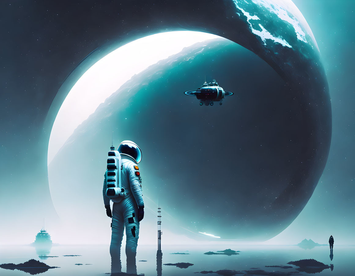 Astronaut on alien planet with ringed planet, spaceship, and figure