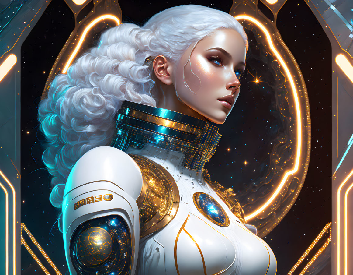 Futuristic female cyborg with white hair and blue eyes in advanced armor against space-themed backdrop.