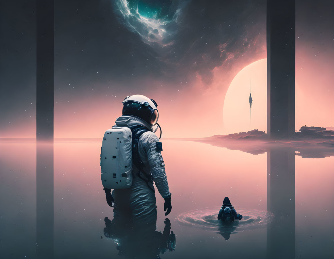 Astronaut on reflective surface with surreal sun, structures, and nebula.