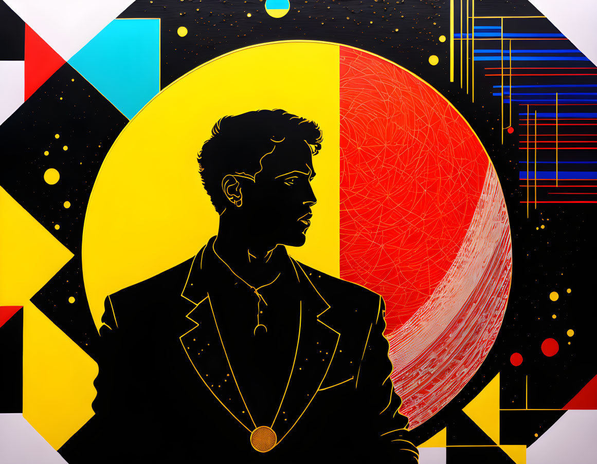 Man's silhouette on vibrant geometric background with yellow circle.