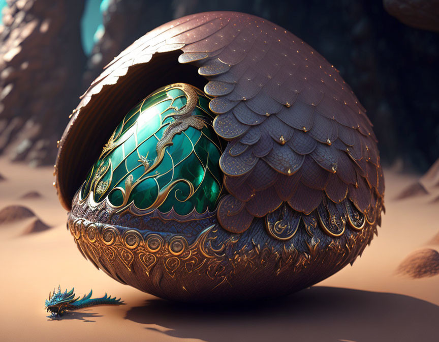 Intricate Golden Dragon Egg with Blue Hatchling on Sandy Terrain