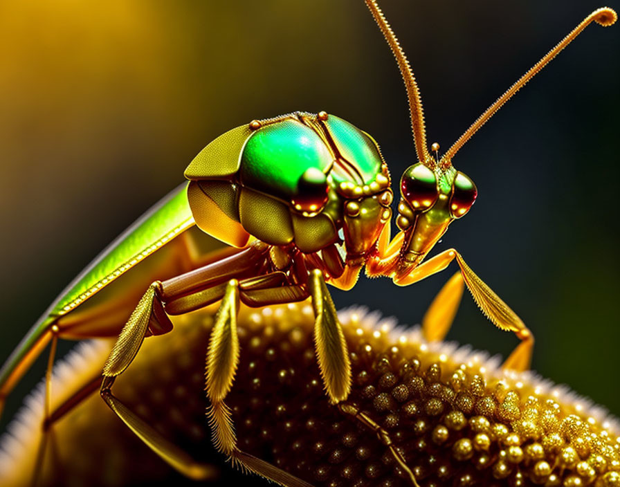 Detailed Close-Up of Green and Gold Insect with Long Antennae